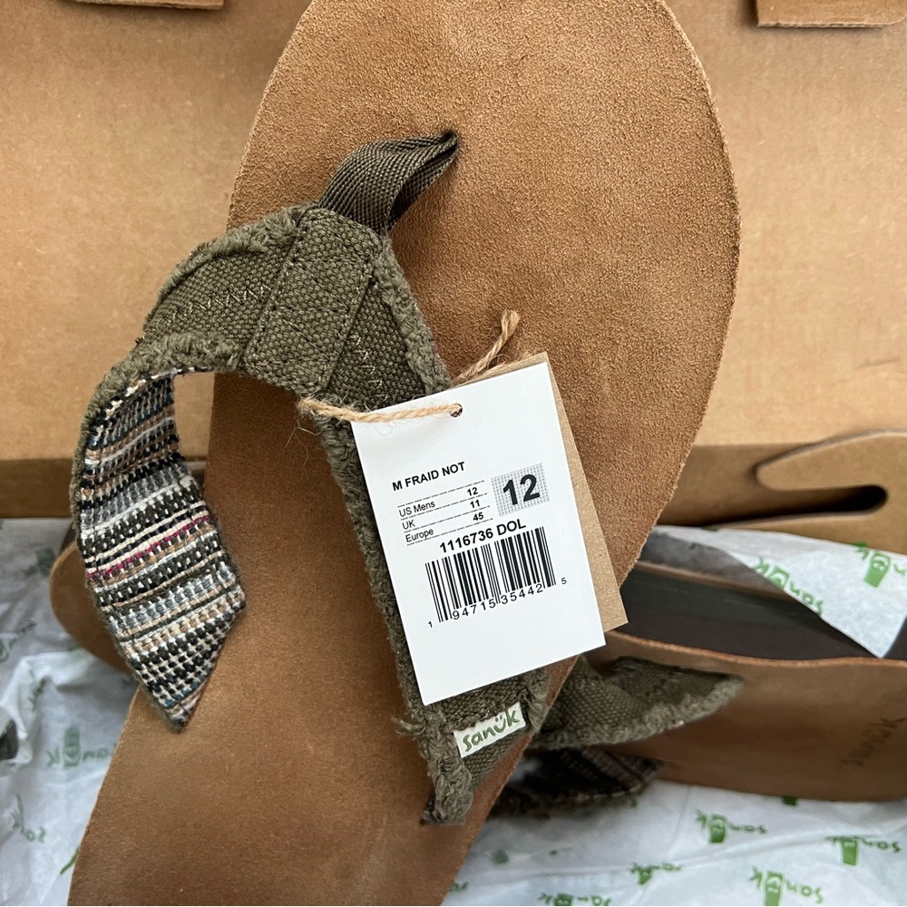 BNIB Sanuk Fraid Not Sandals - Men’s 12 - Olive Green